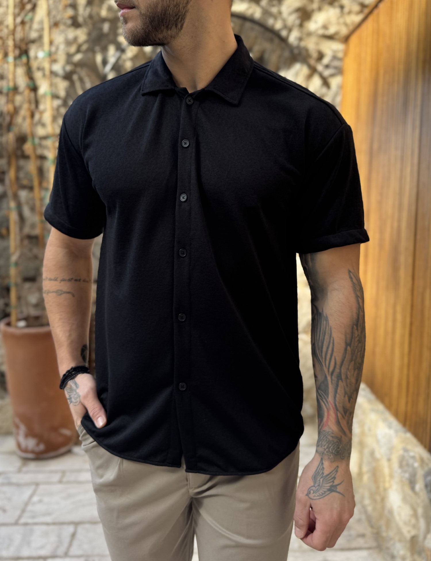 RMZ Ανδρικό μαύρο κοντομάνικο πουκάμισο RMZ19144